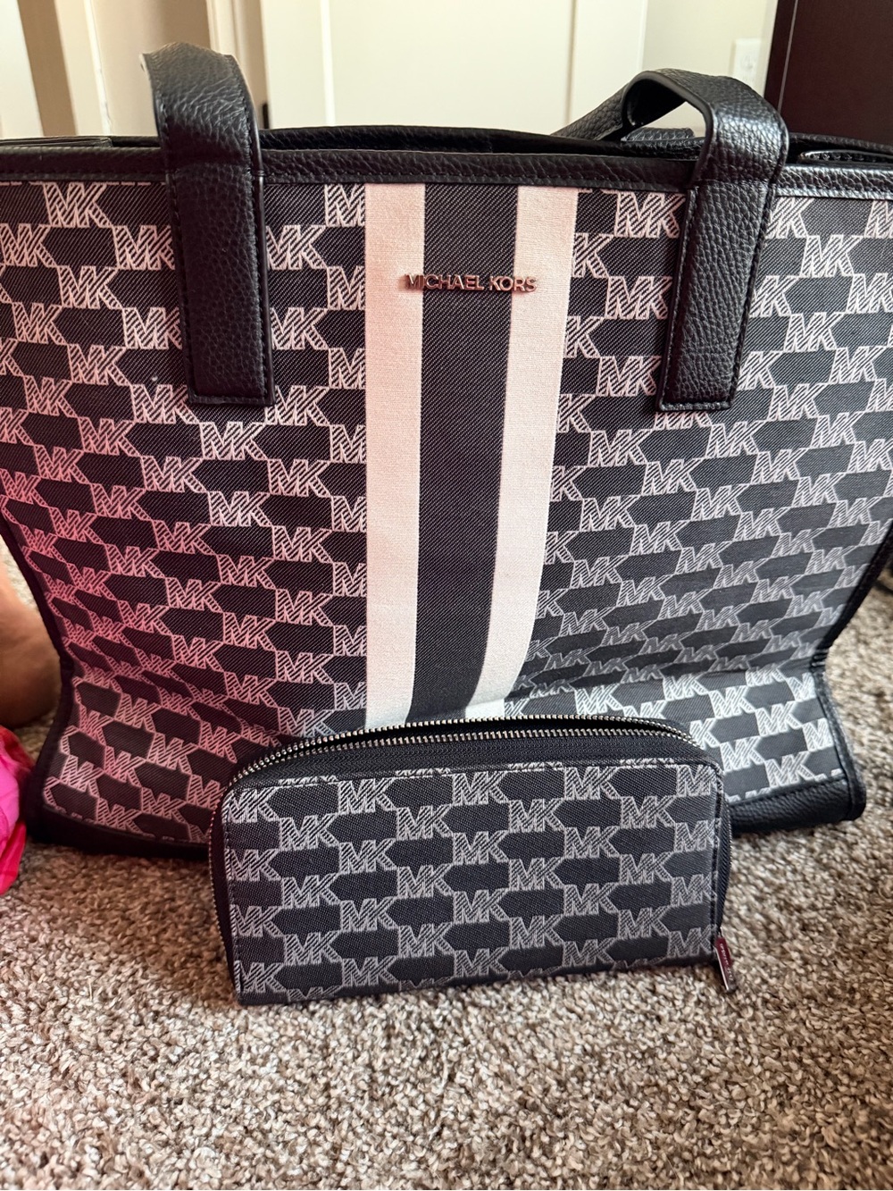 Michael Kors Black and White Signature Stripe Tote with Matching Wallet